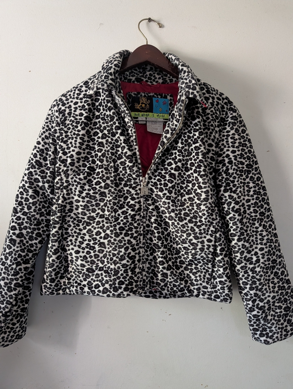 Mudd Black & White Leopard Print Jacket with Red Lining and Colorful Label